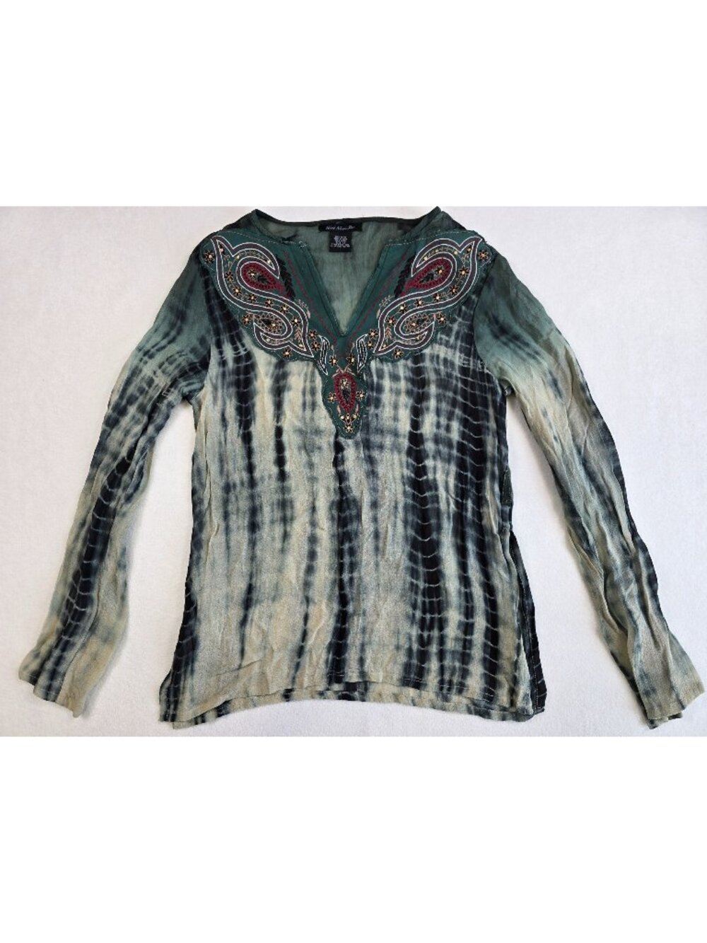 Y2K Tie-Dye Boho Sheer Tunic Top Medium Embroidered Neckline Heart Moon Star